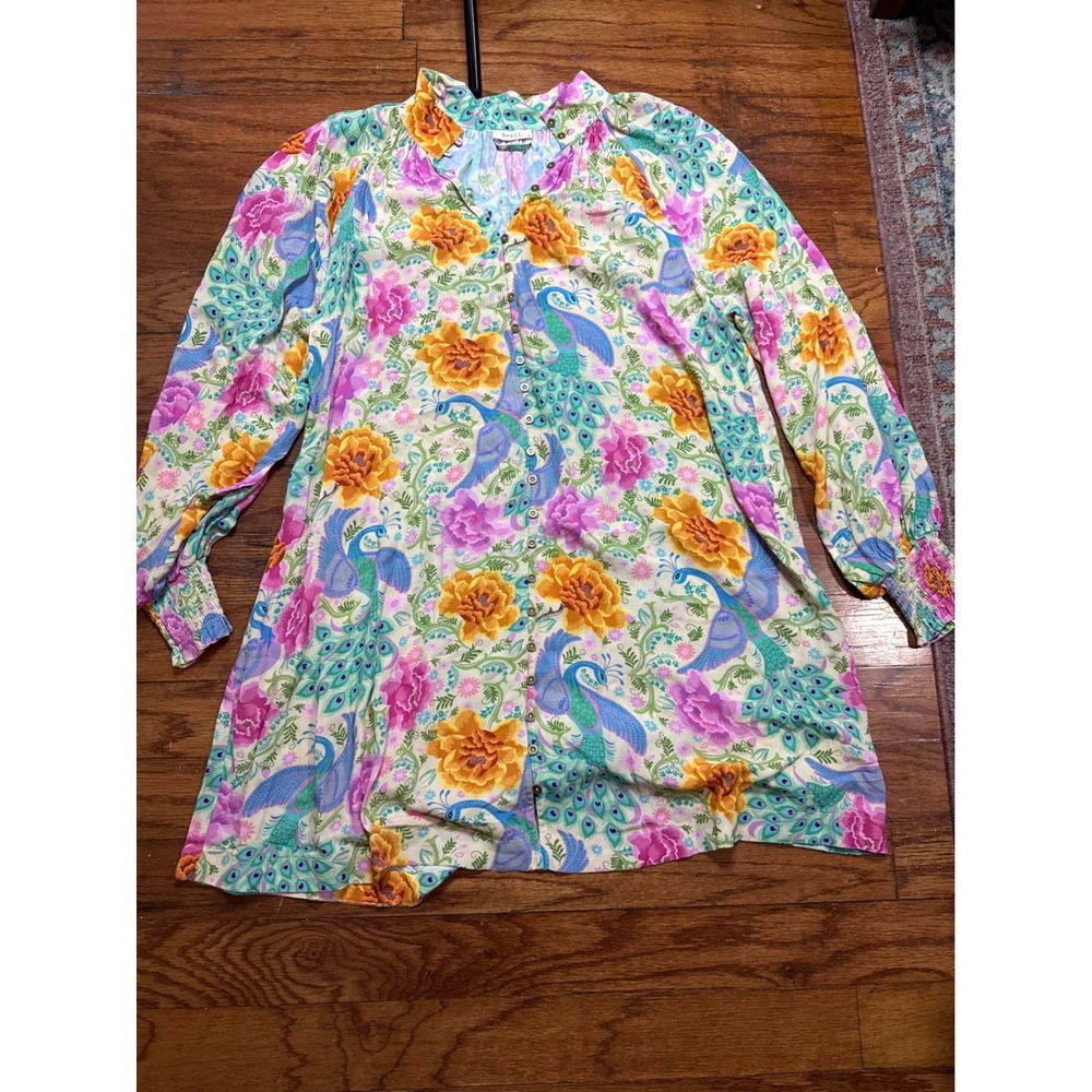 SPELL Peacock‎ Floral Mini Dress Multicolor Boho Button Front Viscose Medium